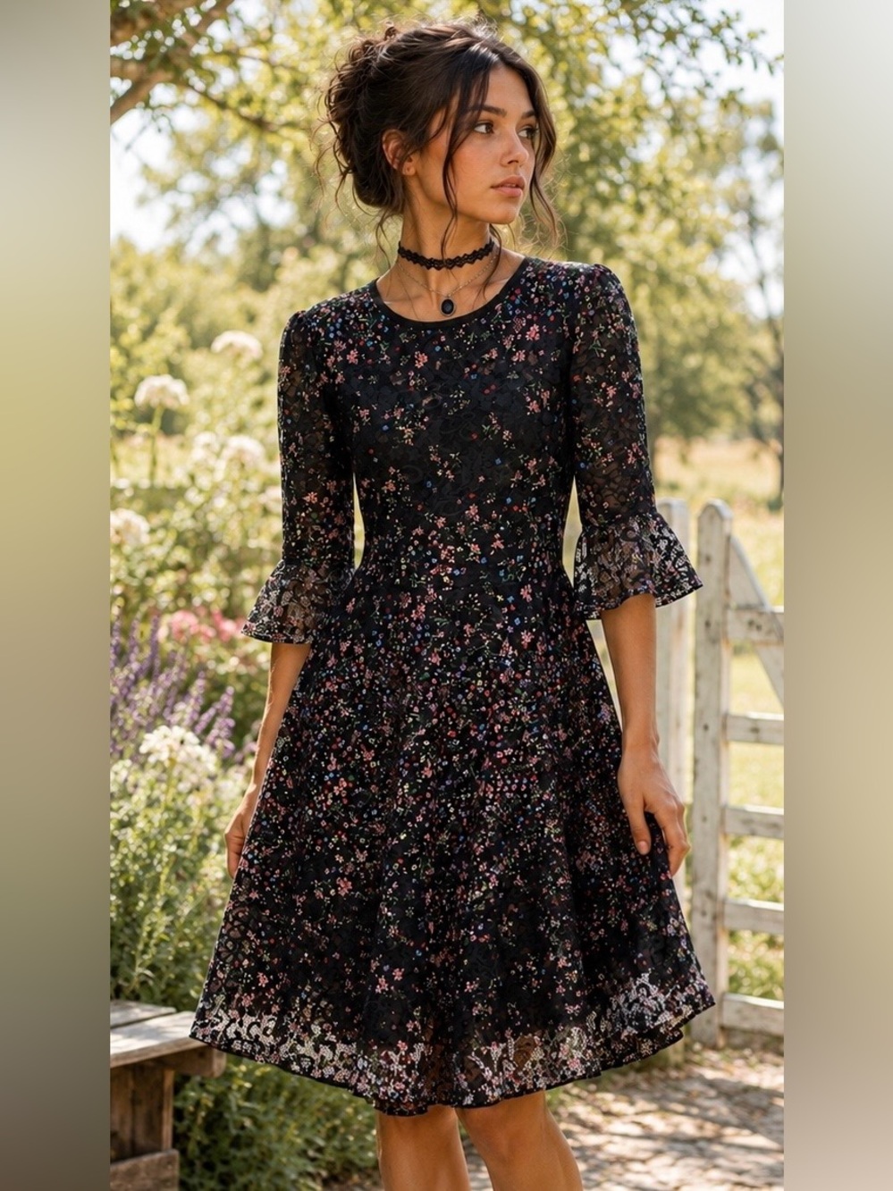 Papillon Floral Lace Fit & Flare Dress Bell Sleeve Black S M 6 8 Whimsigoth NWT